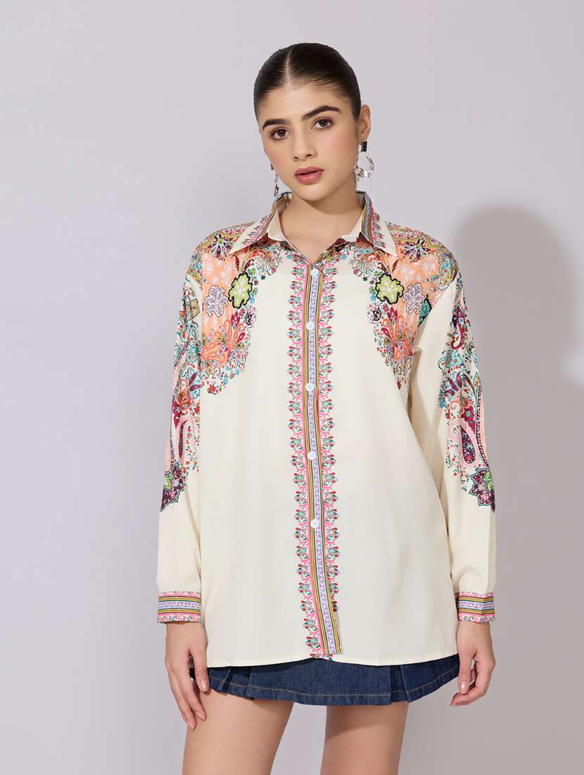 women printed collared long sleeve oversized shirt - 22381123 -  Standard Image - 2