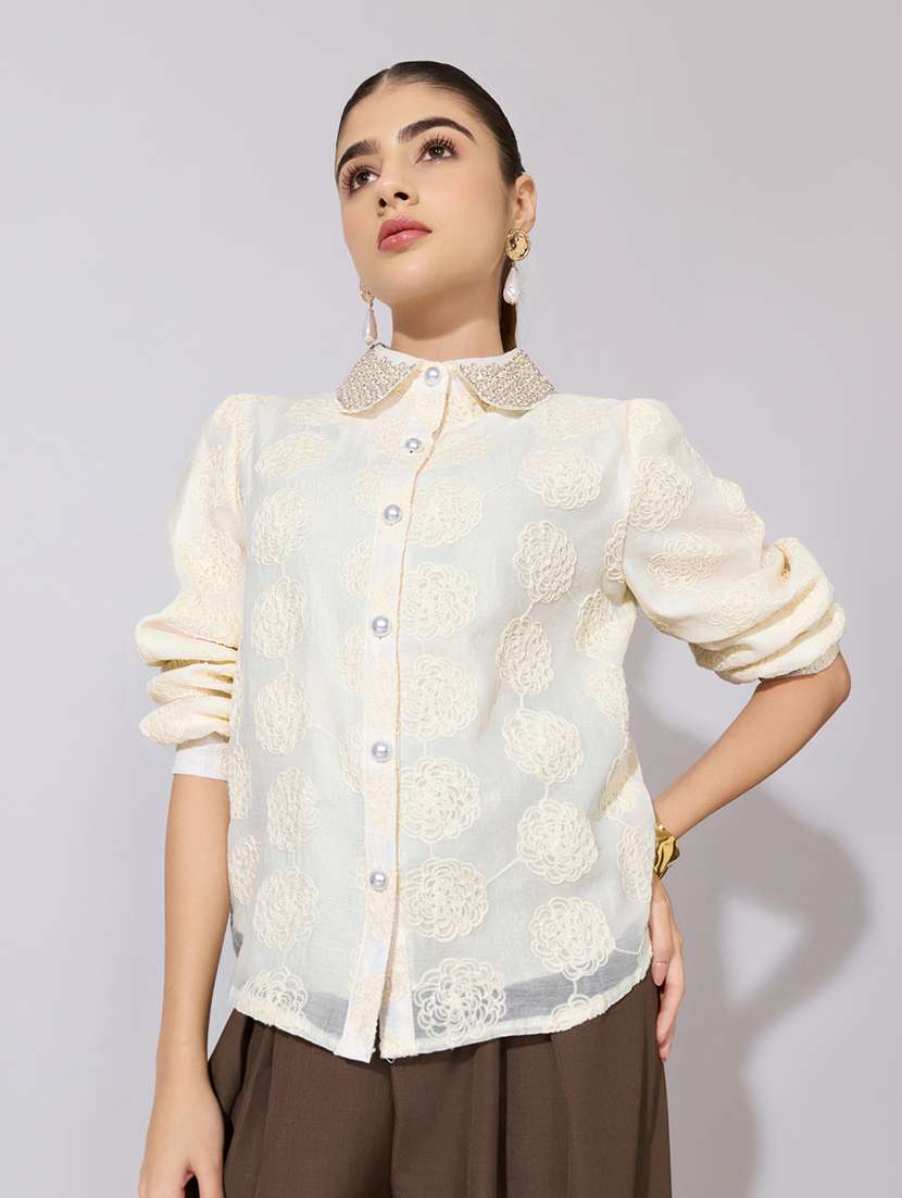 women embroidered collared long sleeve shirt