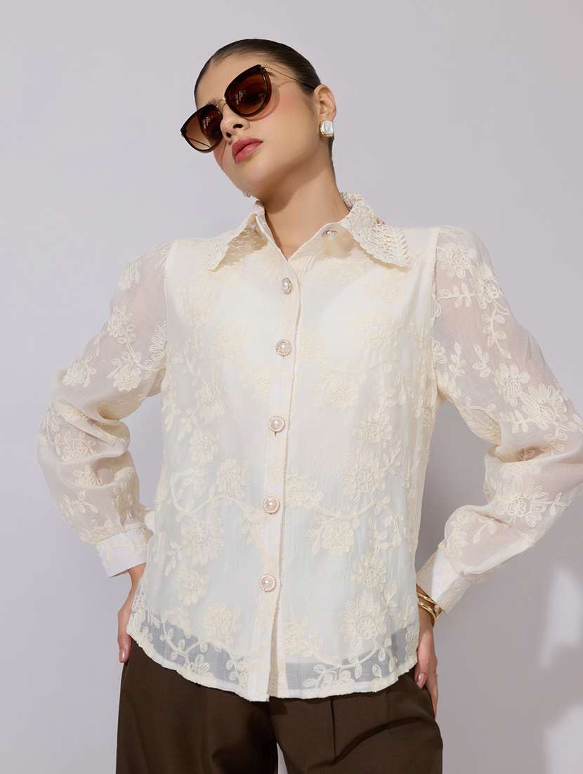women embroidered collared long sleeve shirt