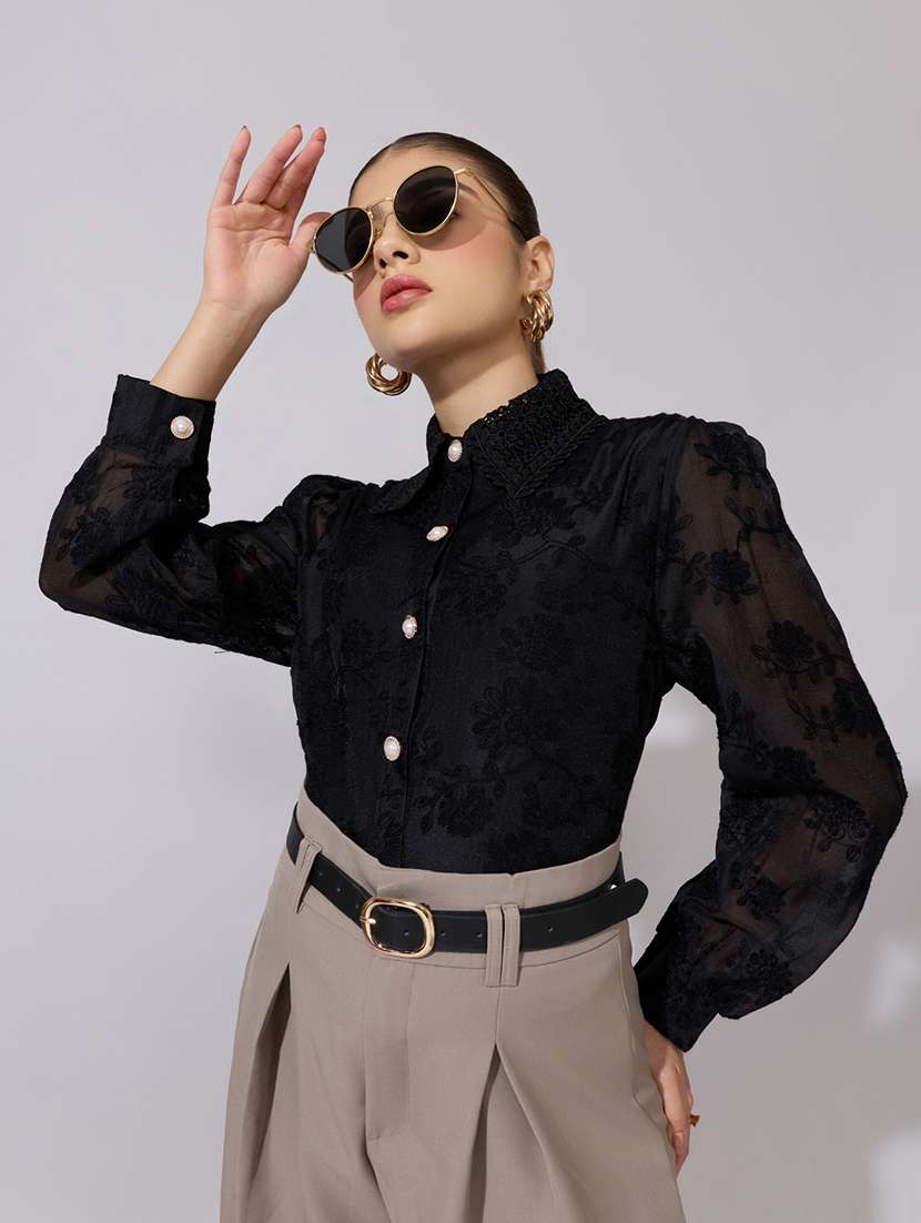 women embroidered collared long sleeve shirt