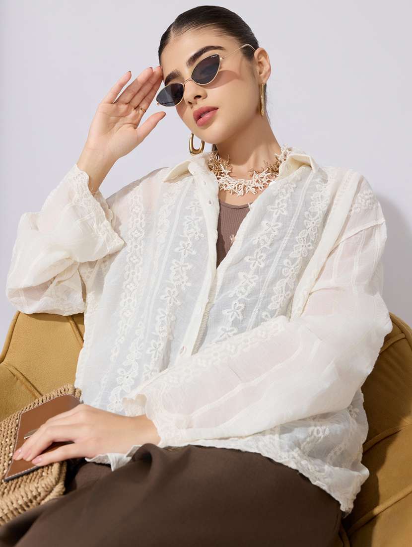 women embroidered collared long sleeve shirt
