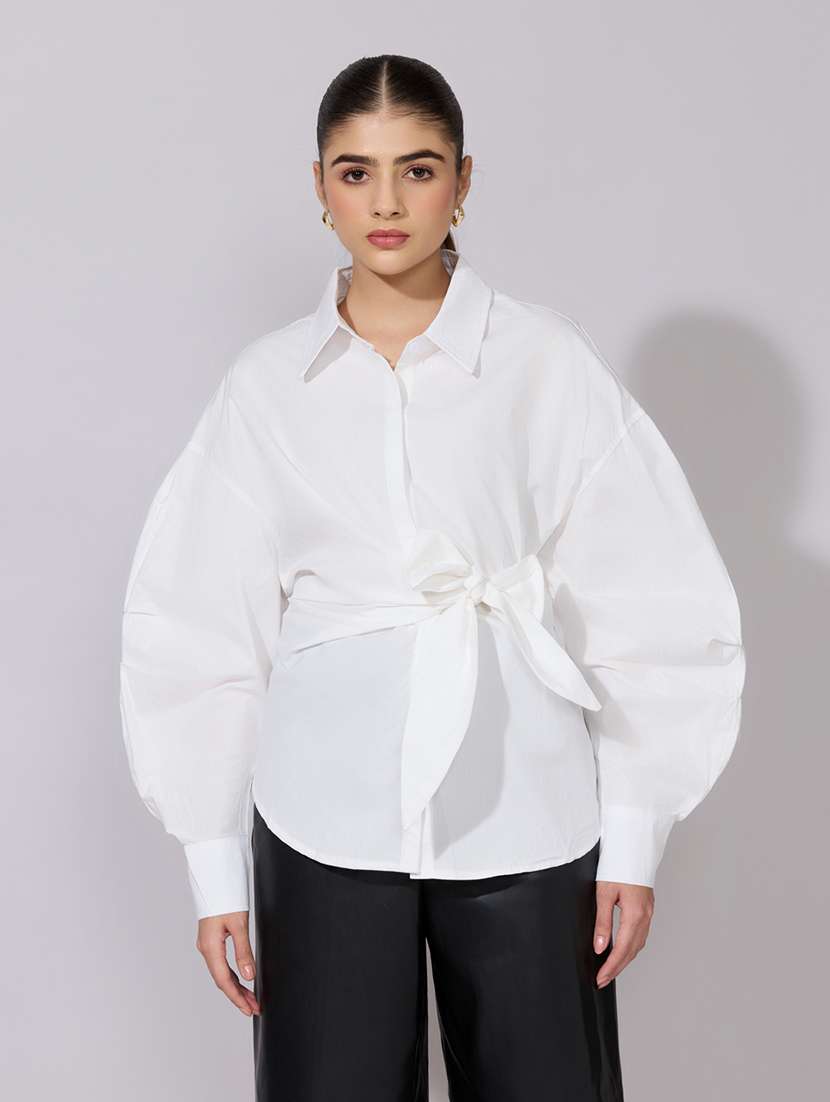 women collared puff sleeve wrap style oversized shirt - 22381144 -  Standard Image - 2