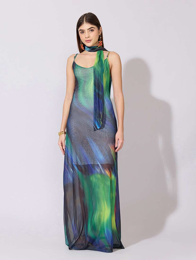 women printed shoulder strap mesh dress  with neck tie - 22381151 -  Standard Image - 2