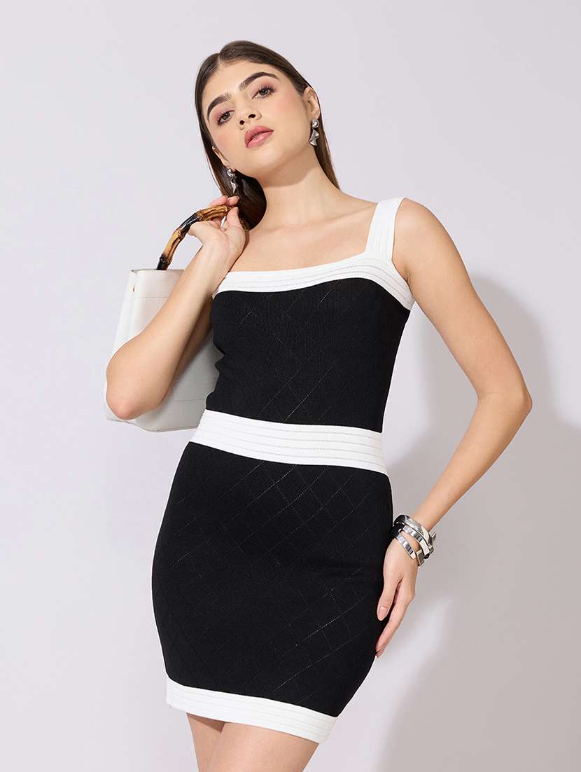 women color blocked shoulder strap bodycon dress