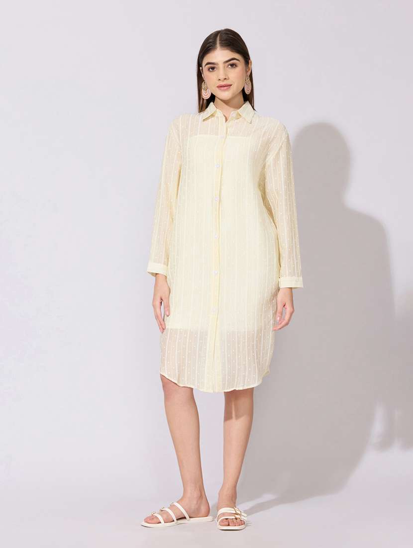 women striped collared sheer shirt dress