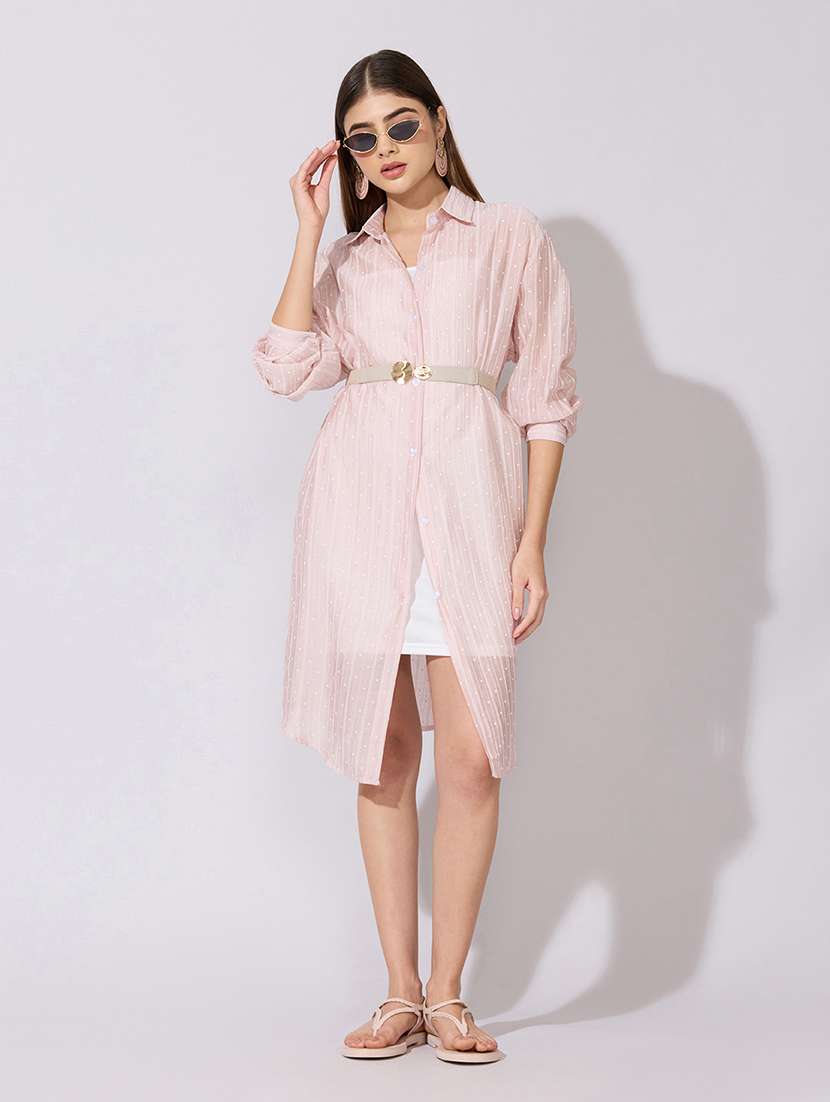 women striped collared sheer shirt dress