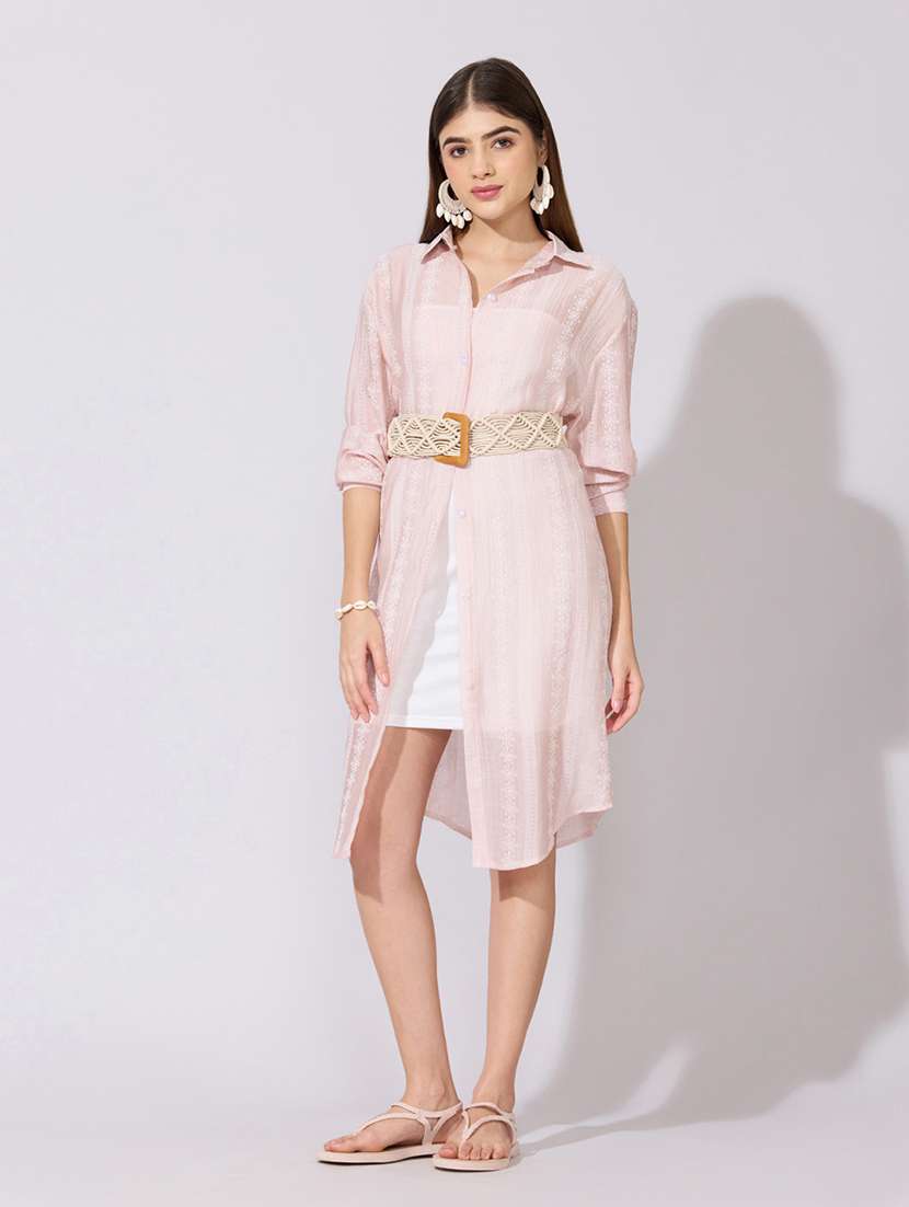 women striped collared sheer shirt dress
