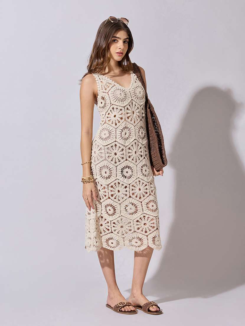 women self designed sleeveless crochet a-line dress - 22381178 -  Standard Image - 2