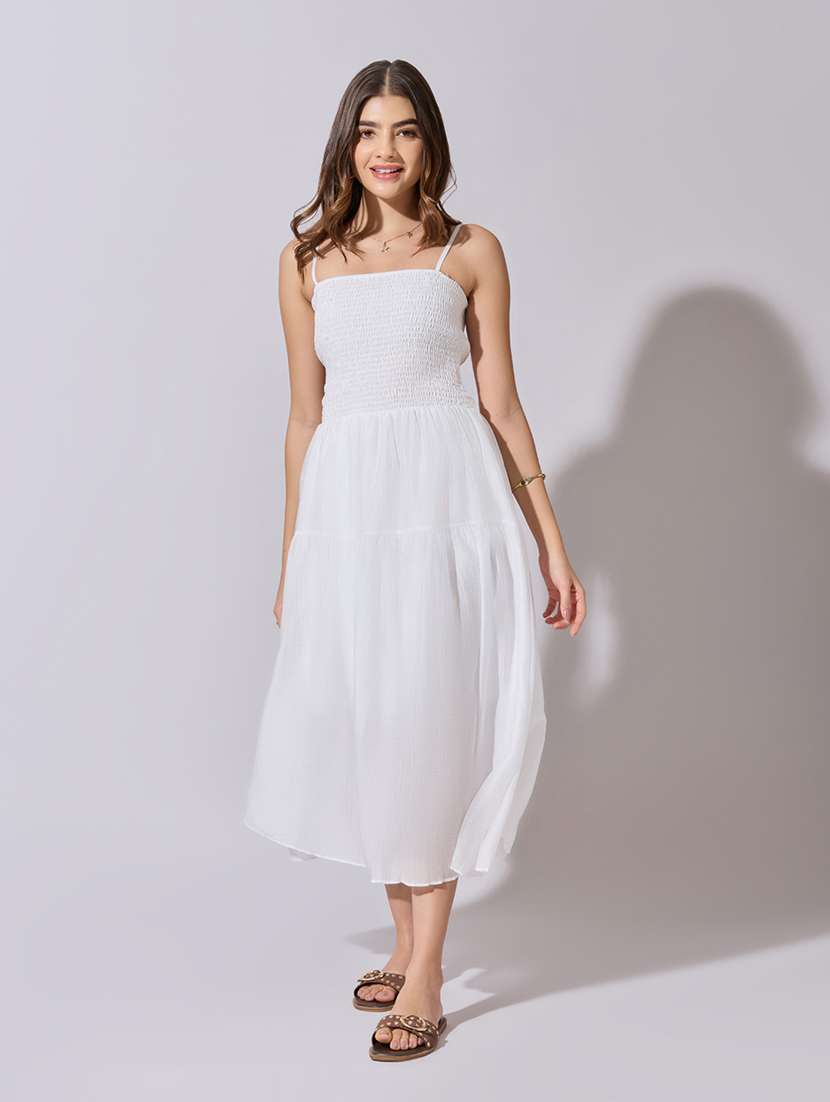women solid shoulder strap tiered dress