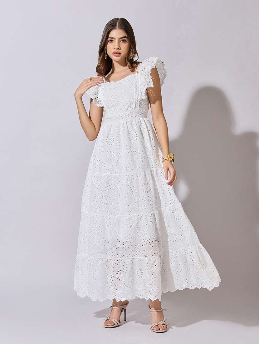 women self designed flute sleeve schiflli tiered dress