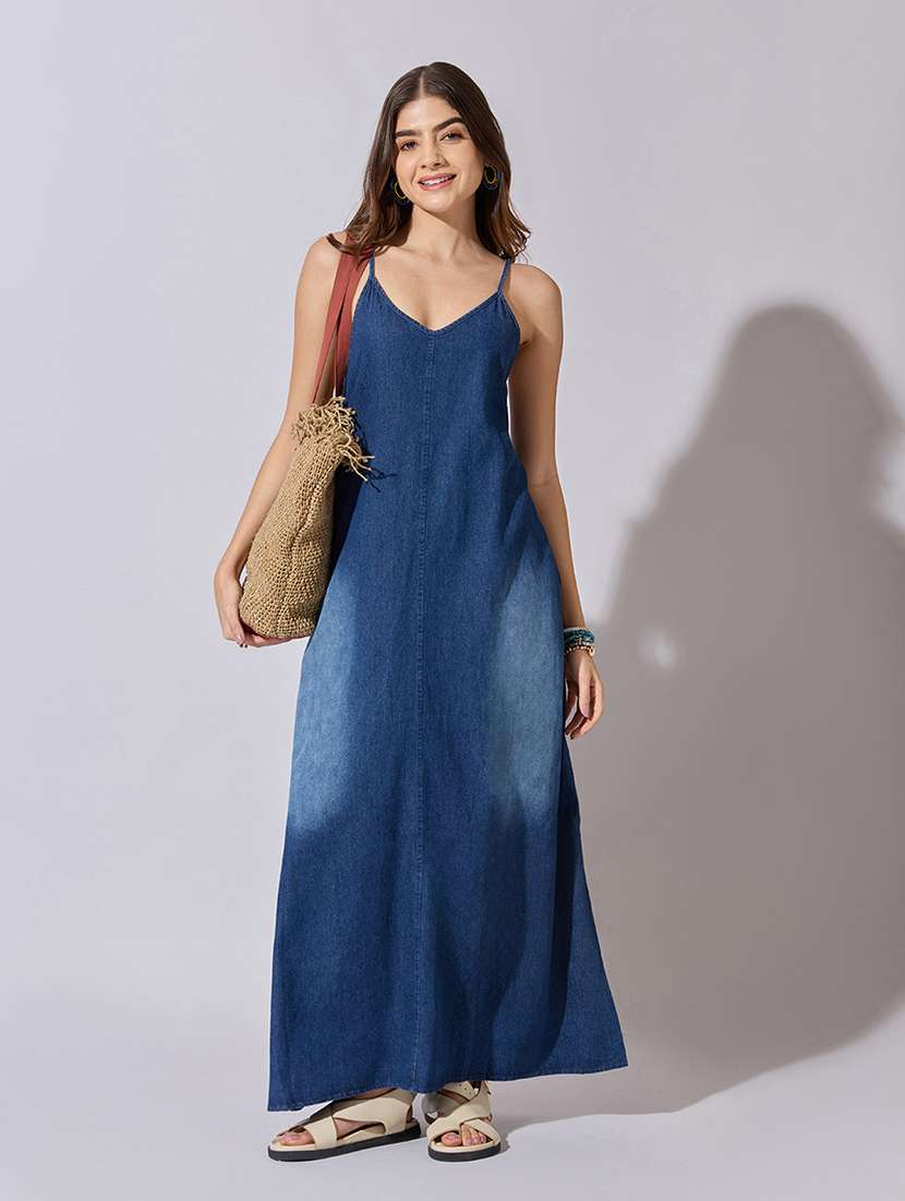 women solid shoulder strap denim a-line dress - 22381191 -  Standard Image - 2