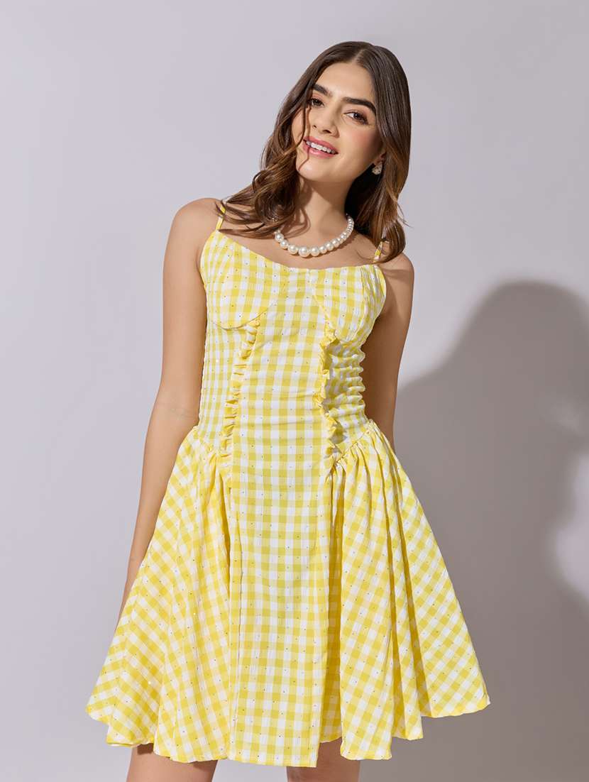 women checkered shoulder strap fit & flare dress