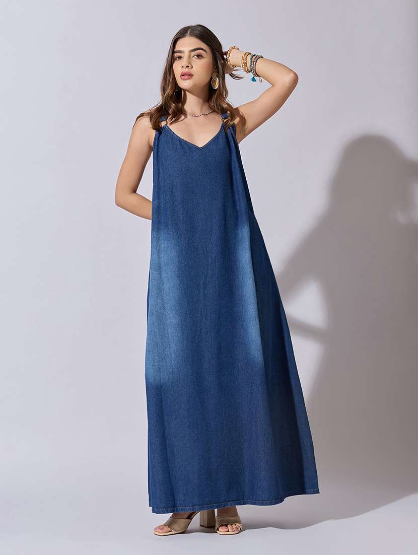 women solid shoulder strap denim a-line dress