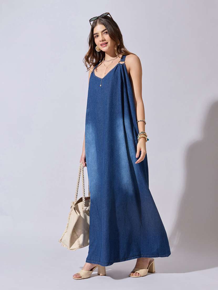 women solid shoulder strap denim a-line dress - 22381202 -  Standard Image - 2