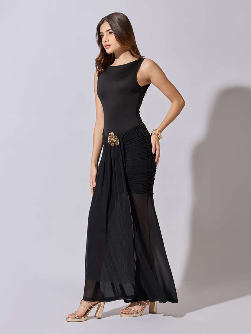 women solid sleeveless ruched with mesh detailed dres - 22381207 -  Standard Image - 2