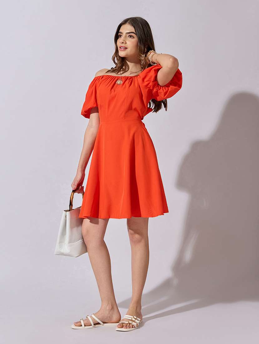 women solid off shoulder back tie fit & flare dress - 22381214 -  Standard Image - 2