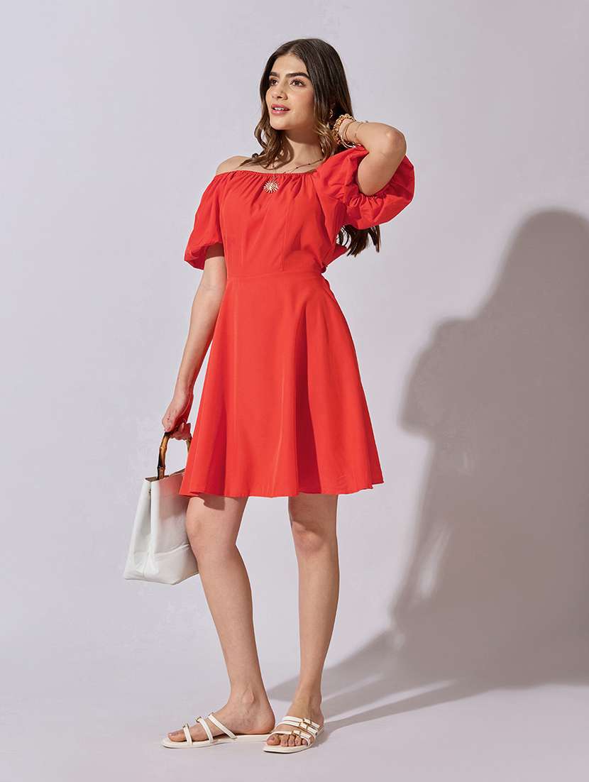 women solid off shoulder back tie fit & flare dress - 22381215 -  Standard Image - 2