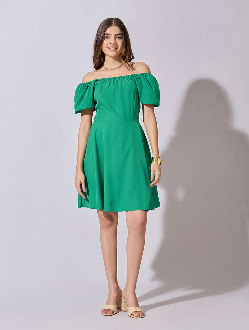 women solid off shoulder back tie fit & flare dress