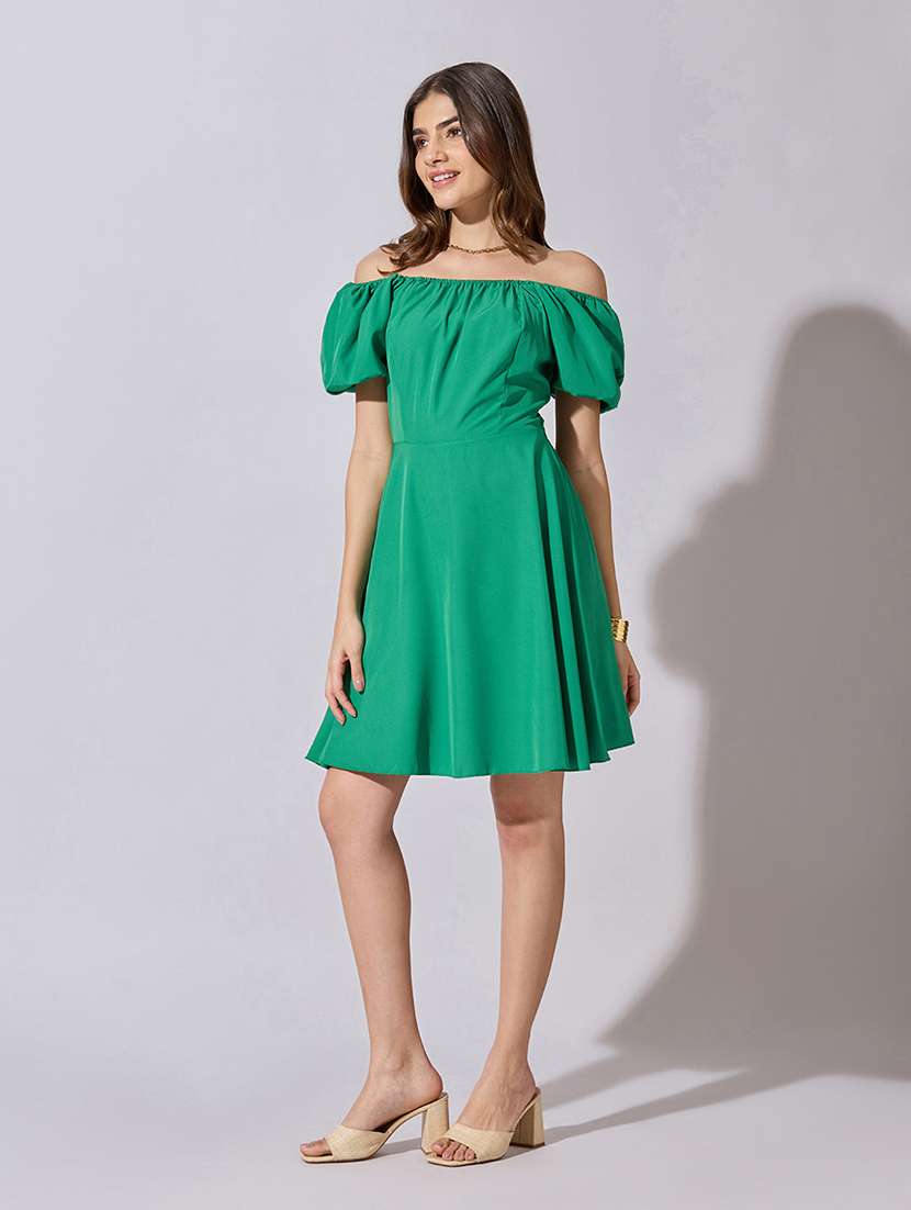women solid off shoulder back tie fit & flare dress - 22381216 -  Standard Image - 2
