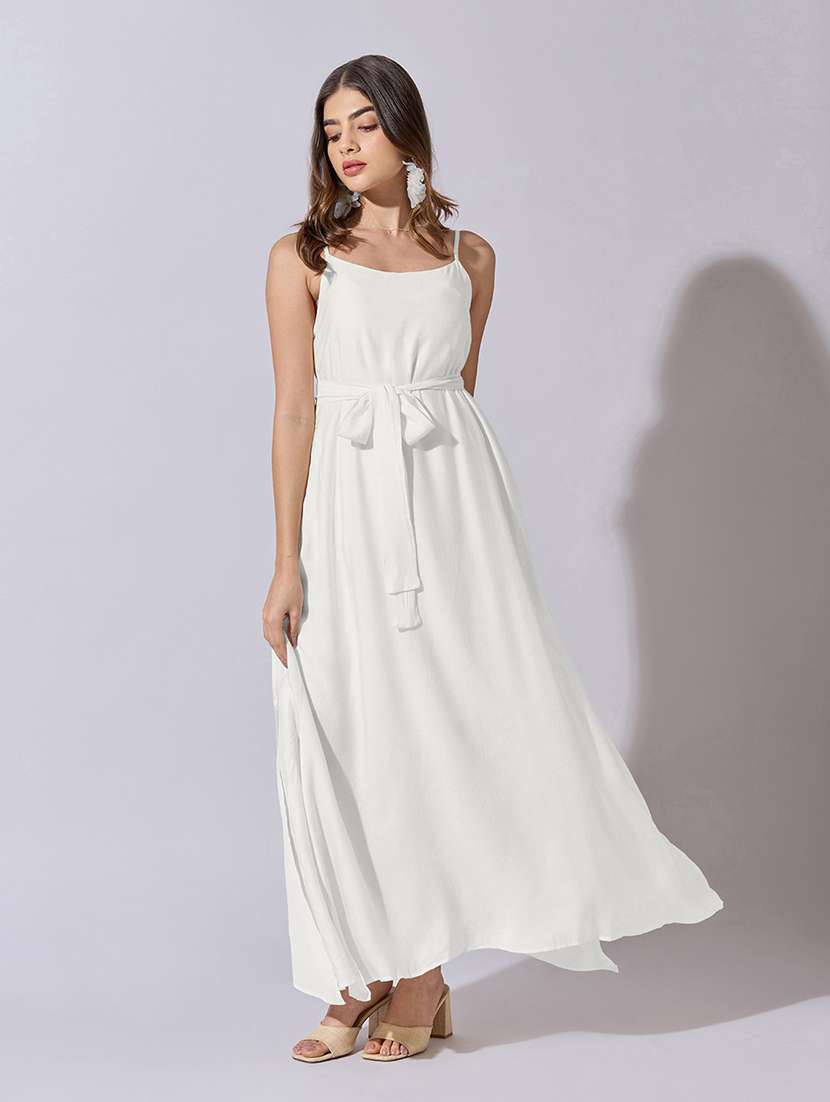 women solid shoulder strap fit & flare dress