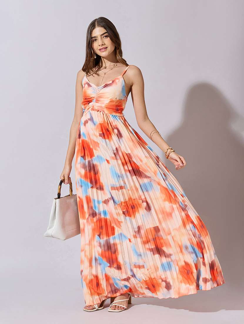 women floral print shoulder strap fit & flare dress