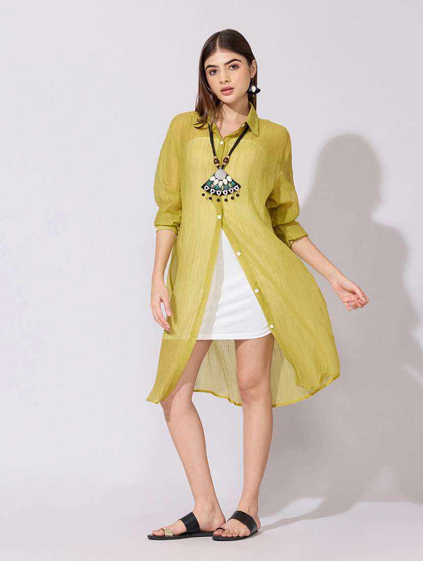 women solid long sleeve sheer shirt dress