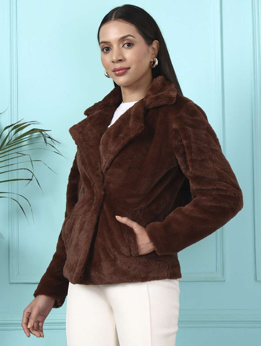 women solid long sleeve fur coat - 22381282 -  Standard Image - 2