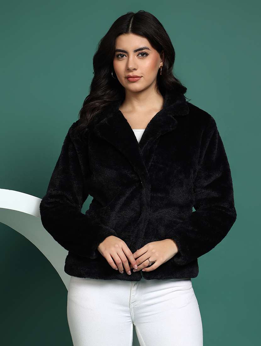 women solid lapel collar long sleeve fur coat