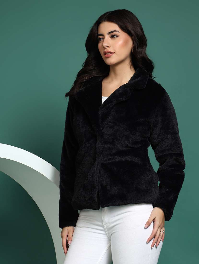 women solid lapel collar long sleeve fur coat - 22381288 -  Standard Image - 2