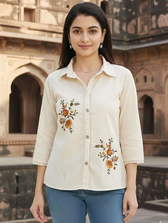 women embroidered mandarin collar regular shirt