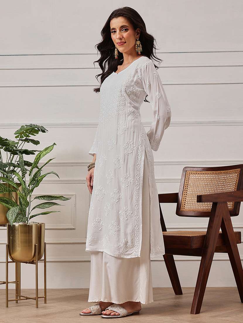 women chikankari three quarter sleeve straight kurta - 22381623 -  Standard Image - 2