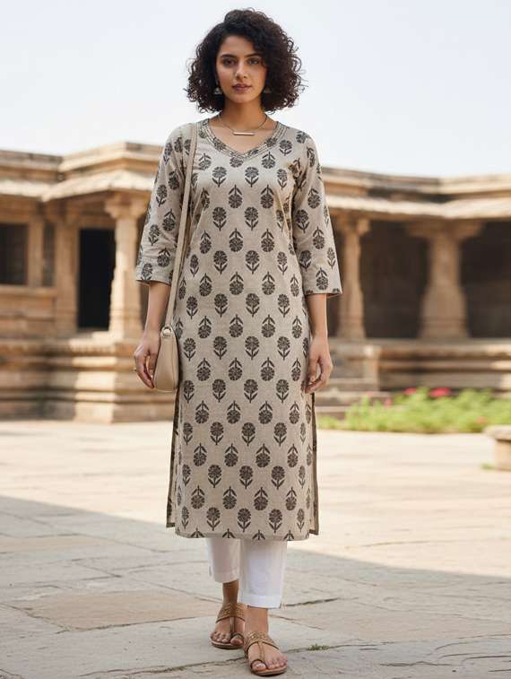 women printed three quarter sleeve straight kurta