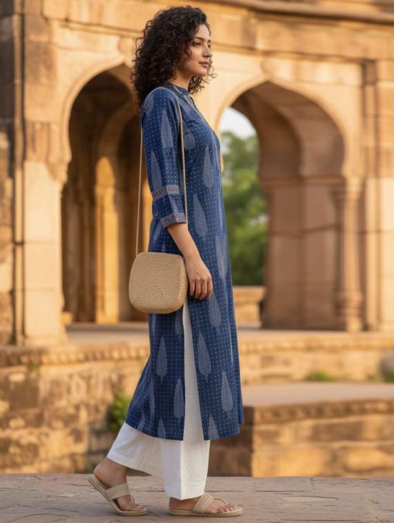 women printed three quarter sleeve straight kurta - 22381639 -  Standard Image - 2