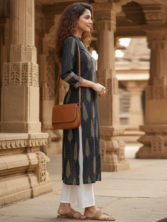 women printed three quarter sleeve straight kurta - 22381641 -  Standard Image - 2