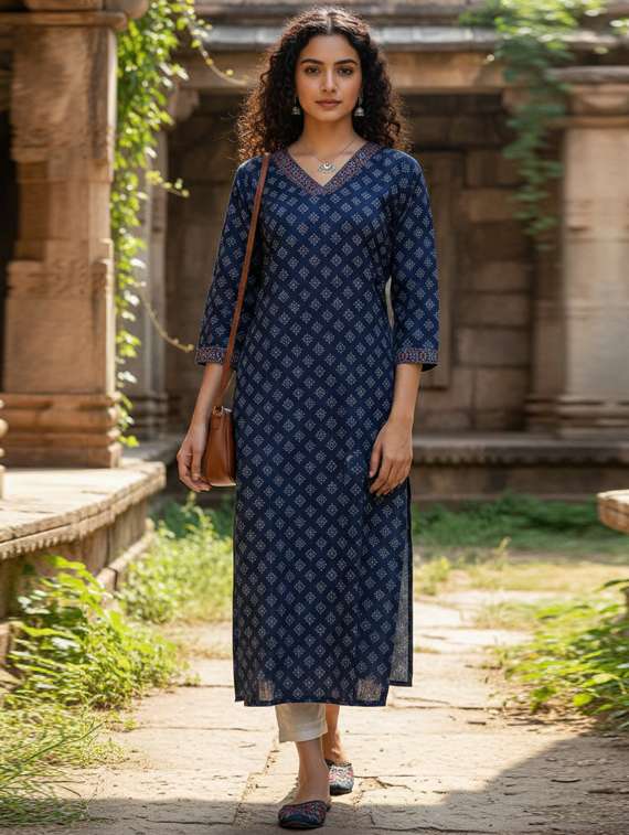 women printed three quarter sleeve straight kurta