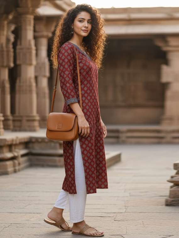 women printed three quarter sleeve straight kurta - 22381643 -  Standard Image - 2