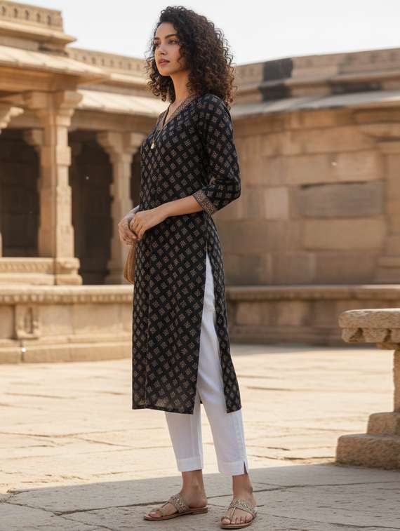 women printed three quarter sleeve straight kurta - 22381644 -  Standard Image - 2