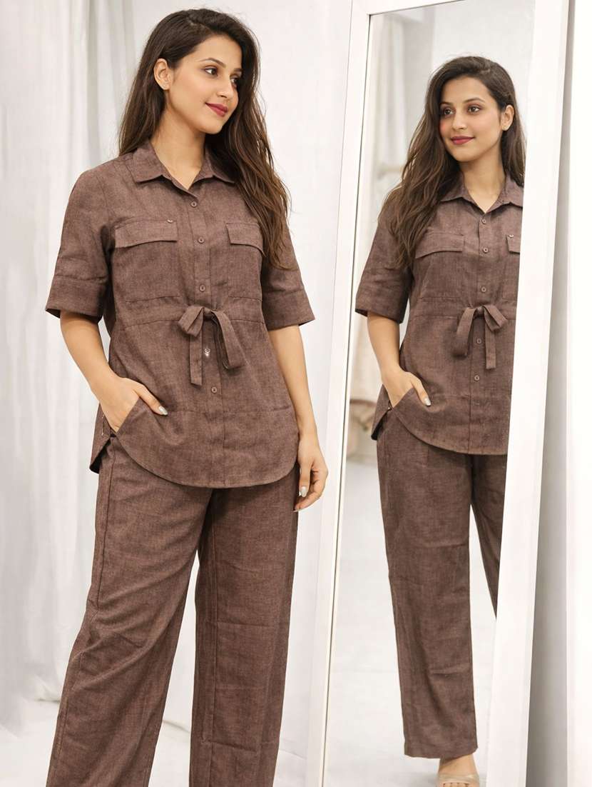 women solid top and trouser co-ord set - 22381648 -  Standard Image - 2