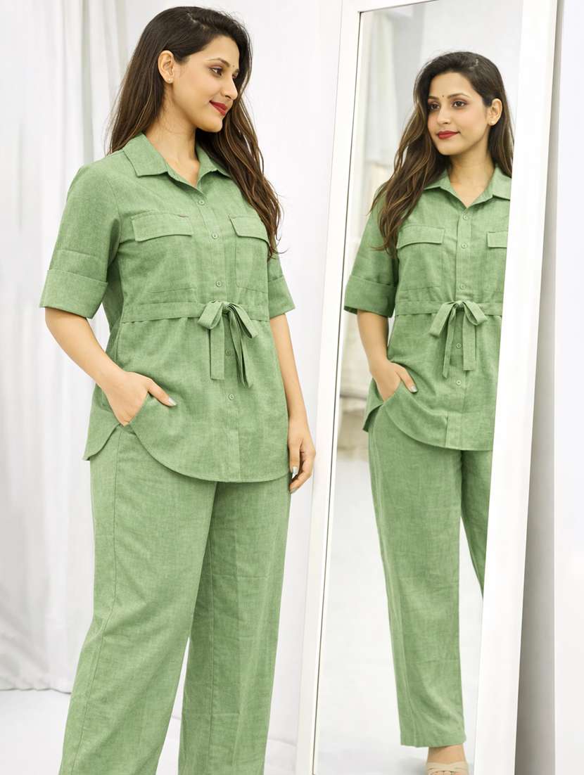 women solid top and trouser co-ord set - 22381649 -  Standard Image - 2