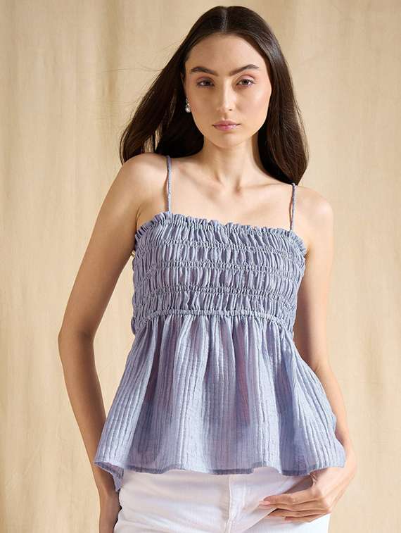 women solid shoulder strap peplum top
