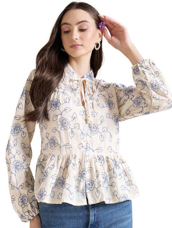 women printed bishop sleeve peplum top - 22381678 -  Standard Image - 2