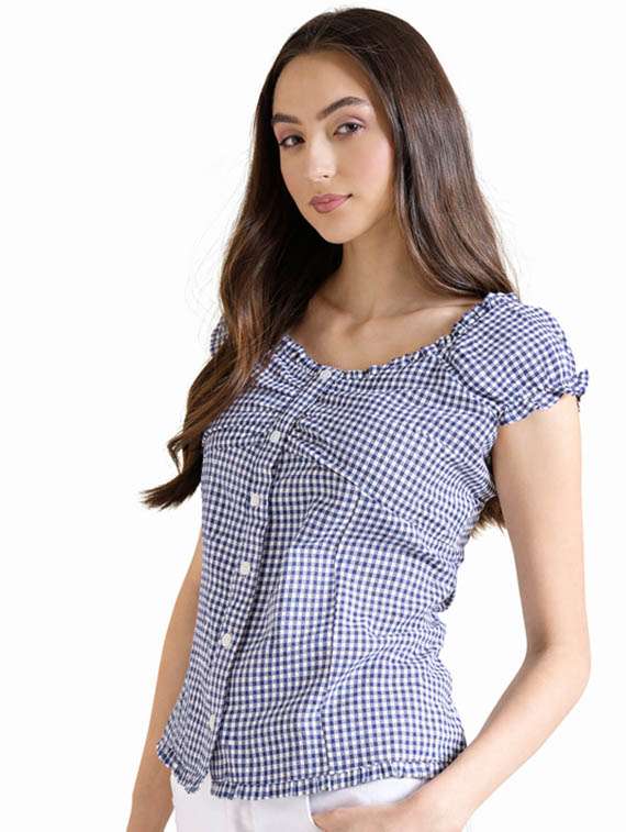 women checkered cap sleeve straight top - 22381682 -  Standard Image - 2