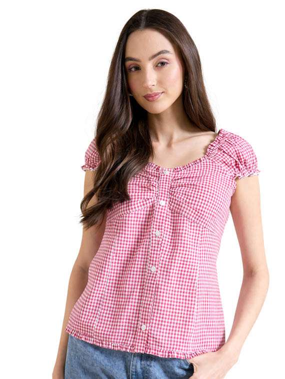 women checkered cap sleeve straight top - 22381683 -  Standard Image - 2