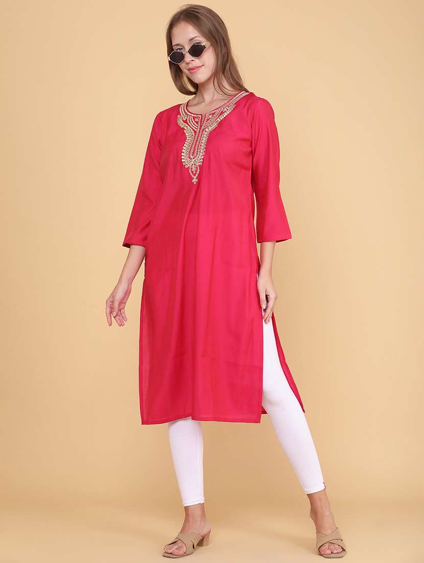 women embroidered three quarter sleeves straight kurta