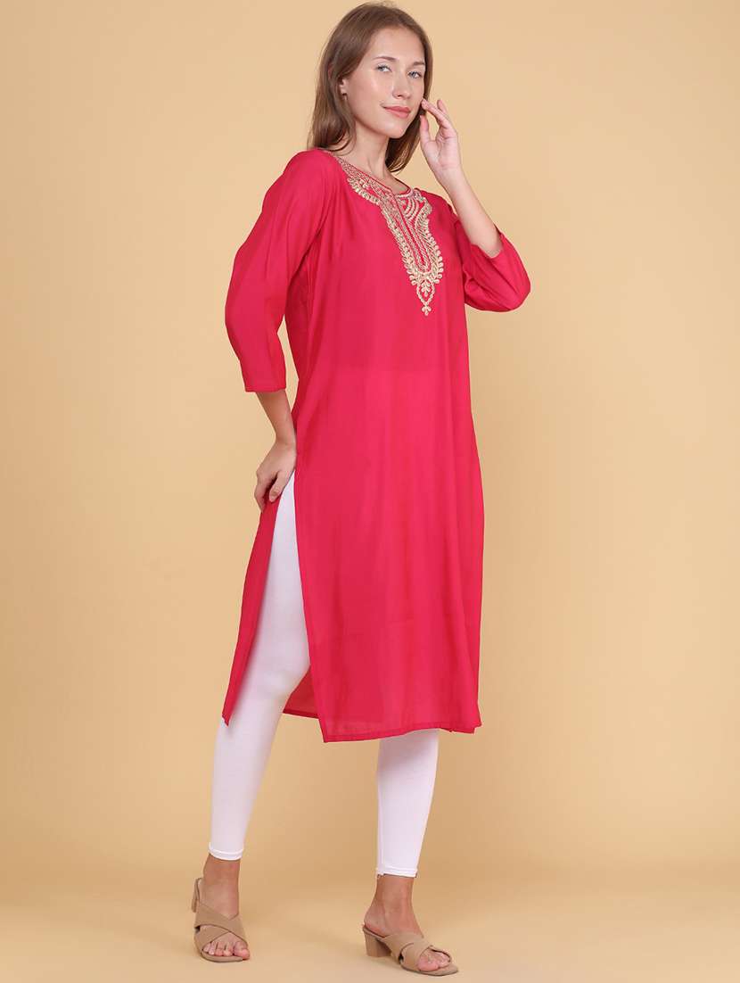 Women Embroidered Three Quarter Sleeves Straight Kurta - 22381844 -  Standard Image - 2