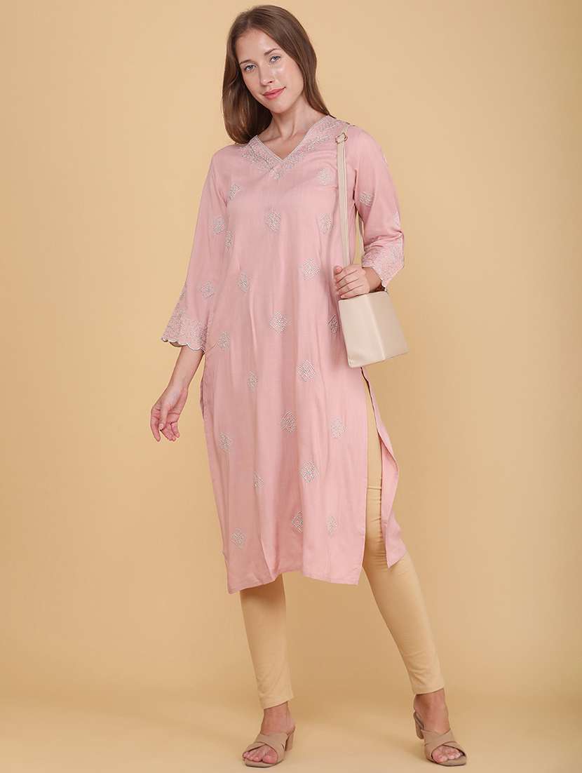 women embroidered three quarter sleeves straight kurta