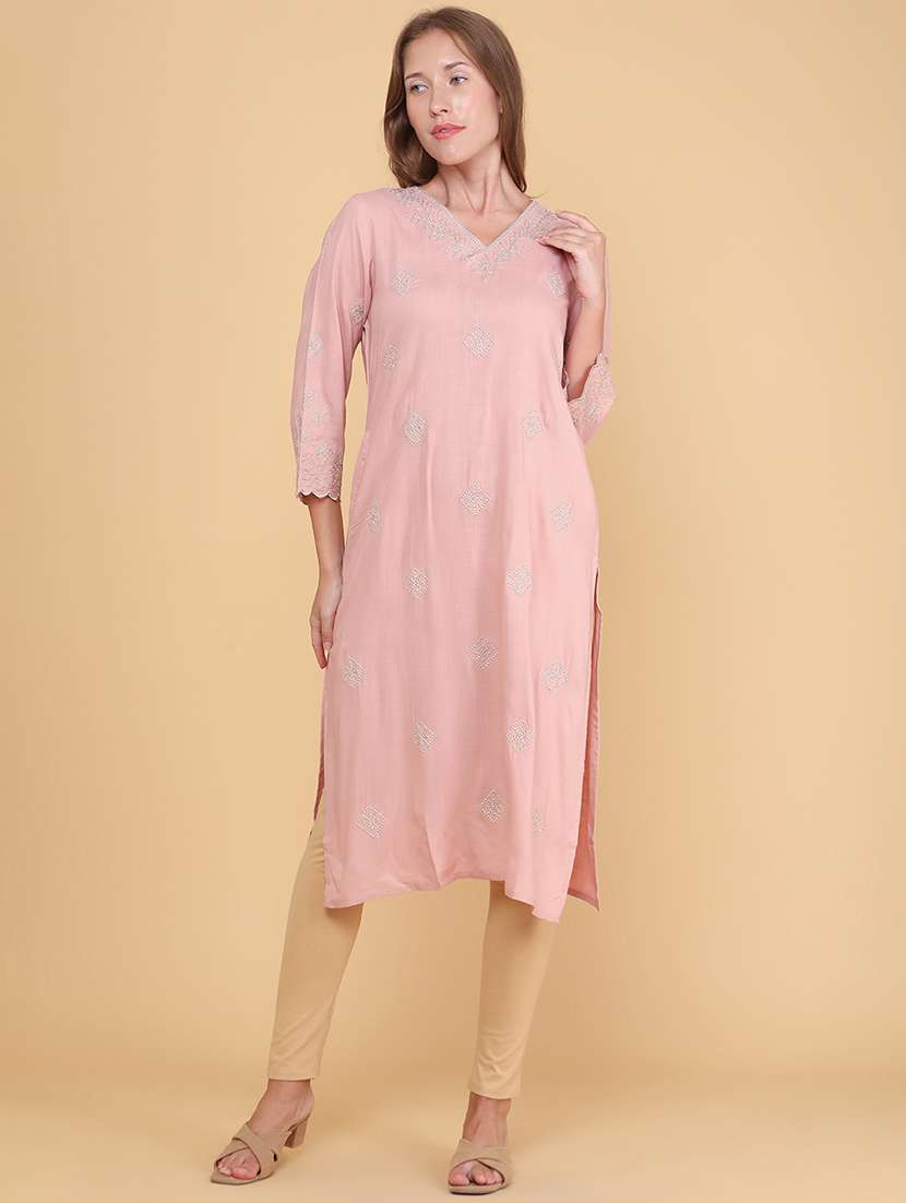 women embroidered three quarter sleeves straight kurta - 22381845 -  Standard Image - 2