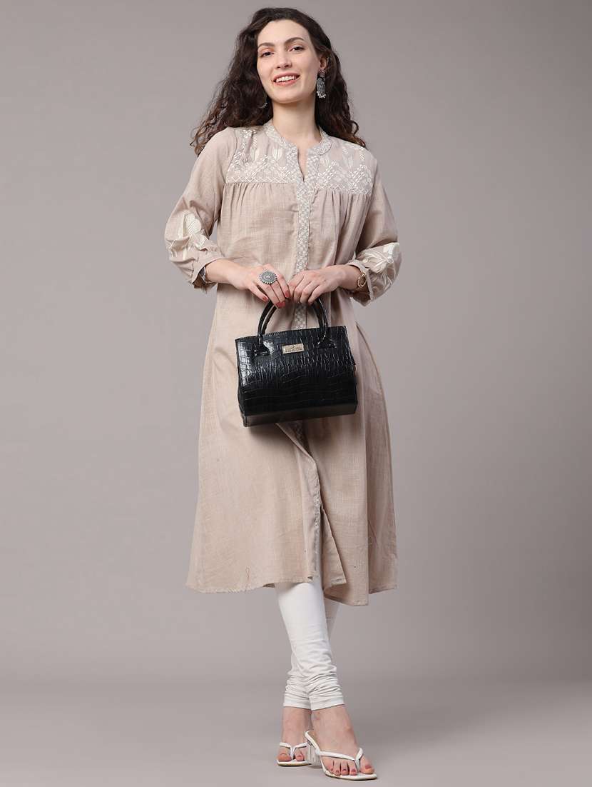 women embroidered three quarter sleeves a-line kurta