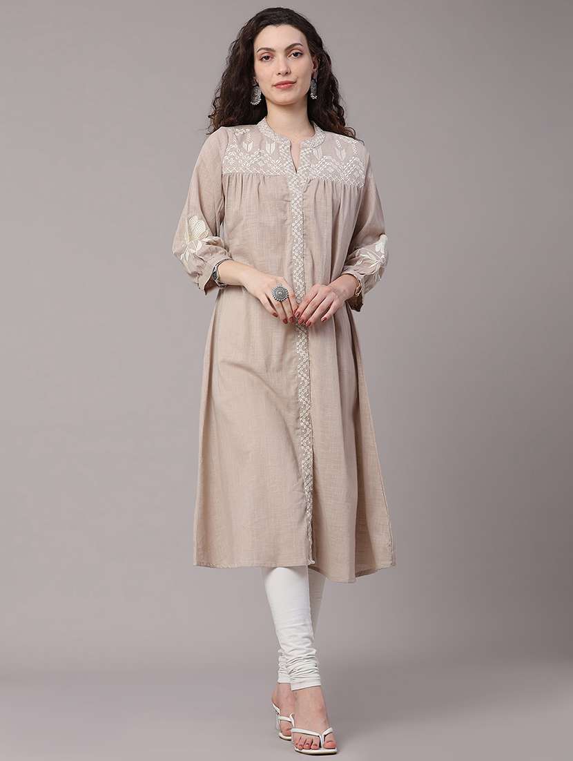 women embroidered three quarter sleeves a-line kurta - 22381849 -  Standard Image - 2