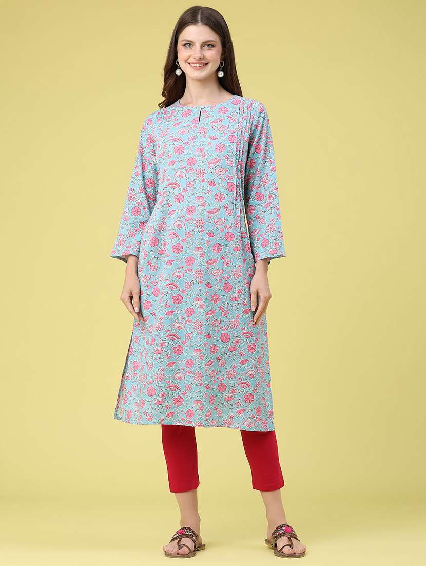 women printed three quarter sleeves straight kurta - 22381855 -  Standard Image - 2